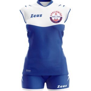 Γυναικεία αγωνιστική στολή βόλεϊ ΟΦΑ Απολλώνιος Κερατσινίου σε λευκό και μπλε με επίσημο έμβλημα ομάδας